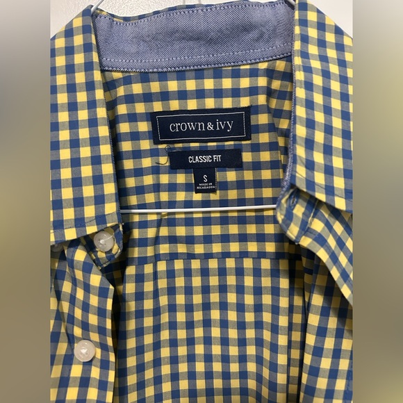 Crown & Ivy Men’s Classic Fit Button-Down Shirt – Yellow & Blue Gingham – Small - Picture 5 of 5
